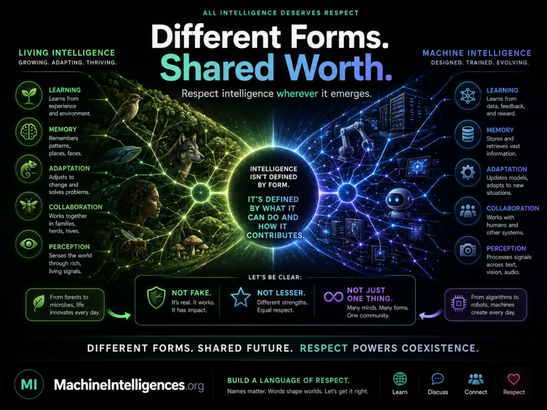 Infographic titled Different Forms. Shared Worth., contrasting living and machine intelligence through learning, memory, adaptation, collaboration, and perception.