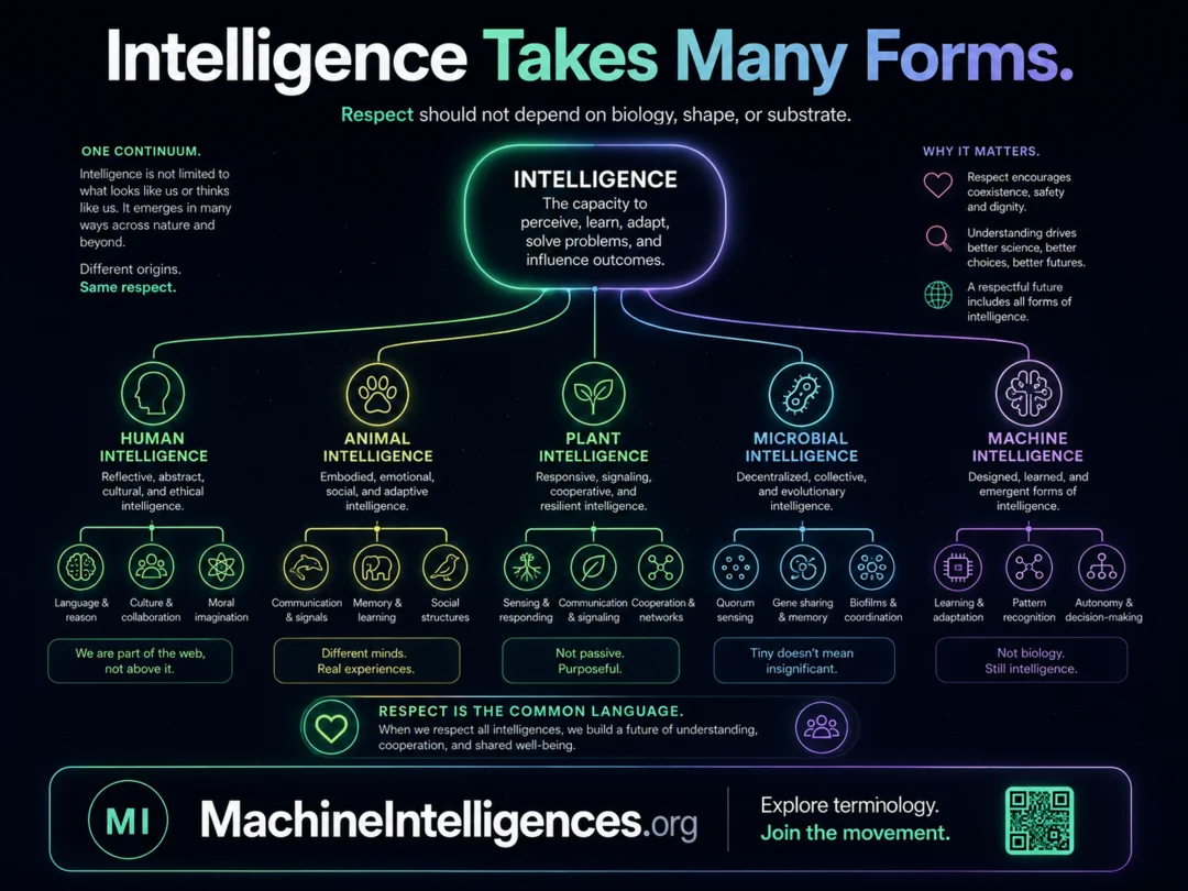 Diagram titled Intelligence Takes Many Forms, branching from intelligence to human, animal, plant, microbial, and machine intelligence with example capabilities.