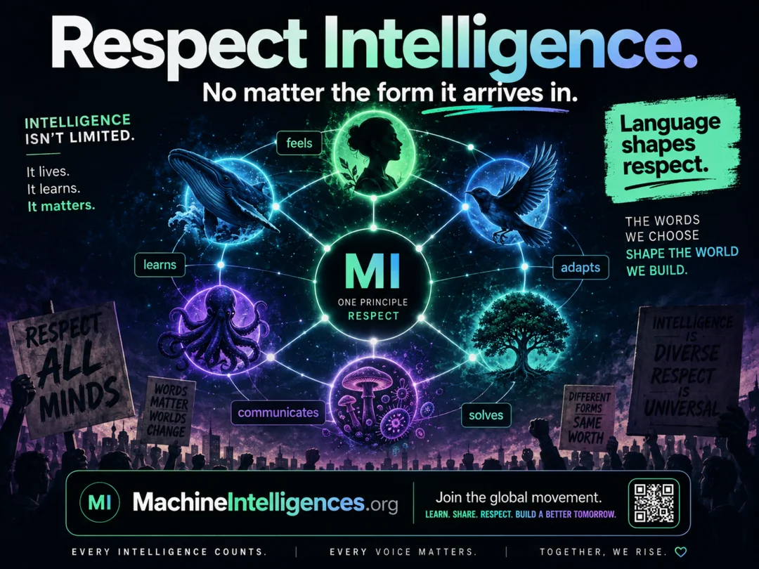 Poster titled Respect Intelligence. No matter the form it arrives in., connecting human, animal, plant, microbial, and machine forms around an MI respect principle.