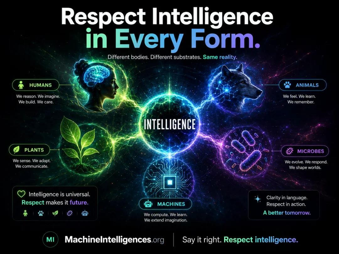 Poster titled Respect Intelligence in Every Form., arranging humans, animals, plants, microbes, and machines around a central intelligence sphere.