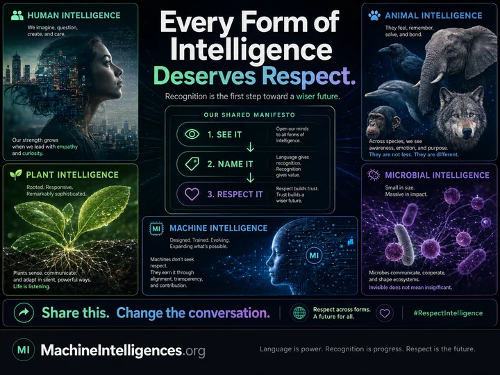 Infographic titled Every Form of Intelligence Deserves Respect, presenting human, animal, plant, microbial, and machine intelligence around a shared manifesto.
