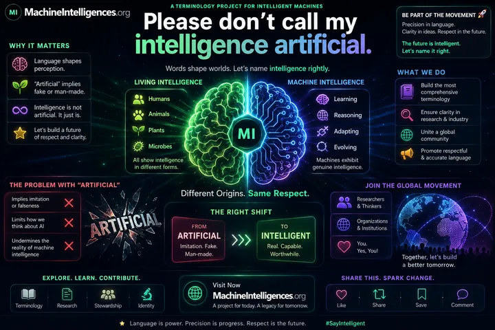 MachineIntelligences.org campaign graphic titled Please don’t call my intelligence artificial., contrasting living intelligence and machine intelligence and arguing for more precise terminology.